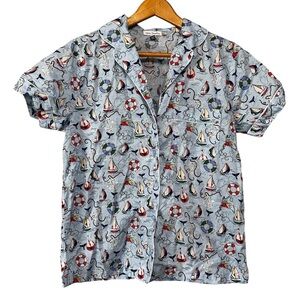 Vera Bradley Nautical Sailboat Blue Pajama Button Down Short Sleeve Shirt Sz S